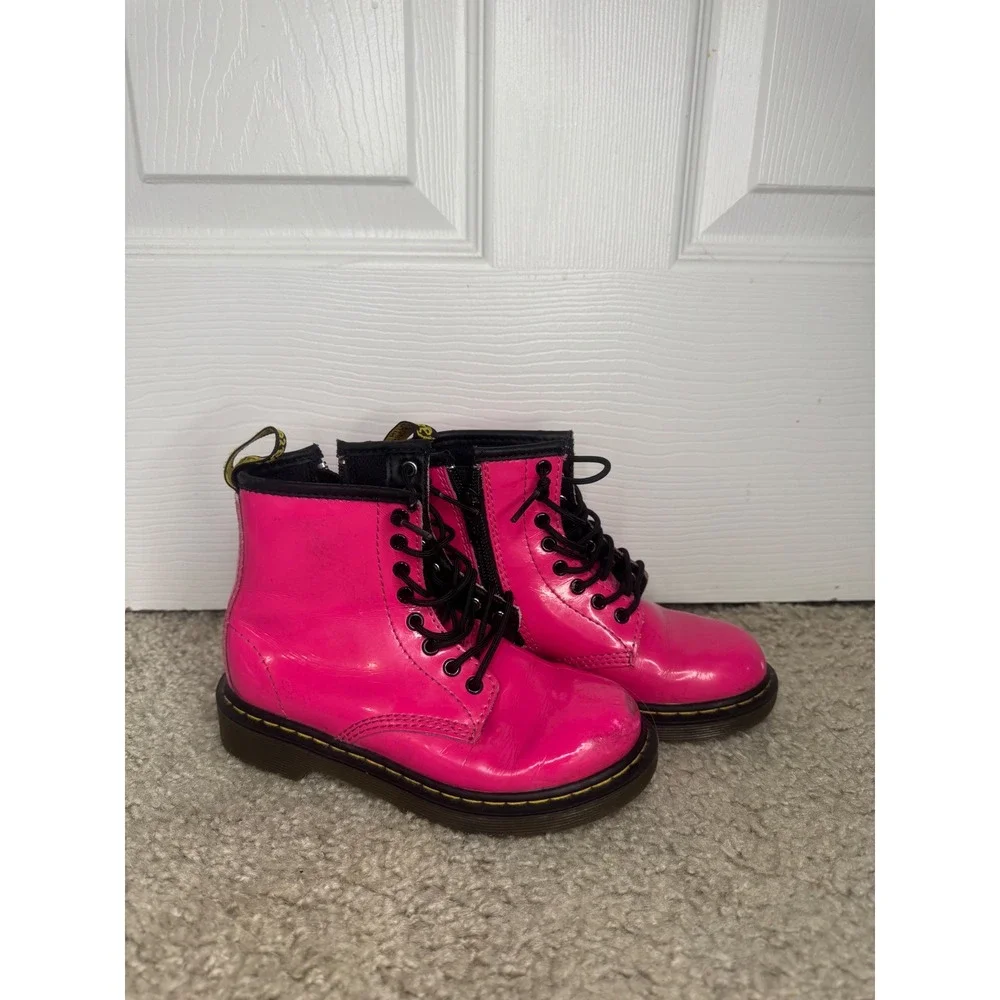 Dr. Martens Delaney Hot Pink Patent Leather Lace Up Zip Boots Kids Size 12 US